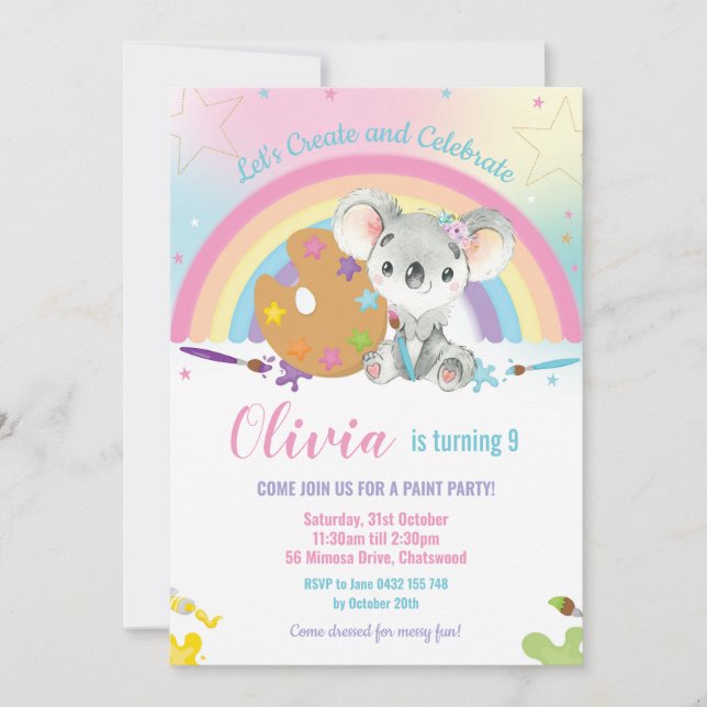 Cute Rainbow Koala Art Paint Birthday Party Girl Invitation (Front)