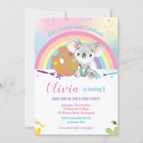 Cute Rainbow Koala Art Paint Birthday Party Girl Invitation