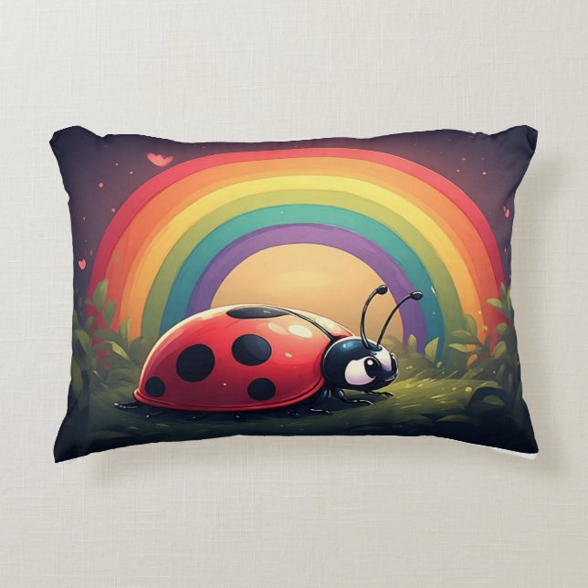 Cute Rainbow Ladybug Grass Cartoon Design Accent Pillow (Front)