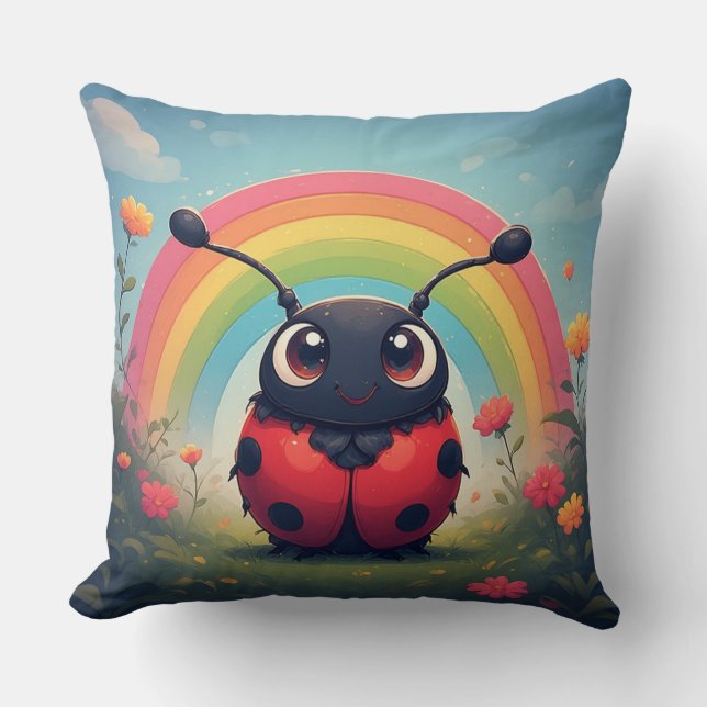Cute Rainbow Ladybug – Whimsical Kids Decor Throw Pillow (Front)