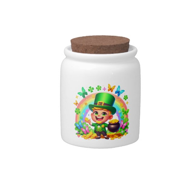 Cute Rainbow Leprechaun with Gold Candy Jar (Front)