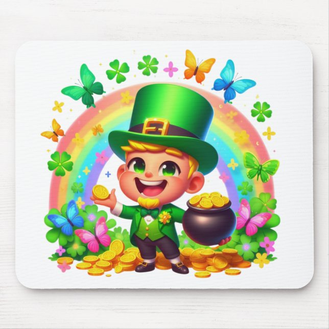 Cute Rainbow Leprechaun with Gold Mouse Pad (Front)
