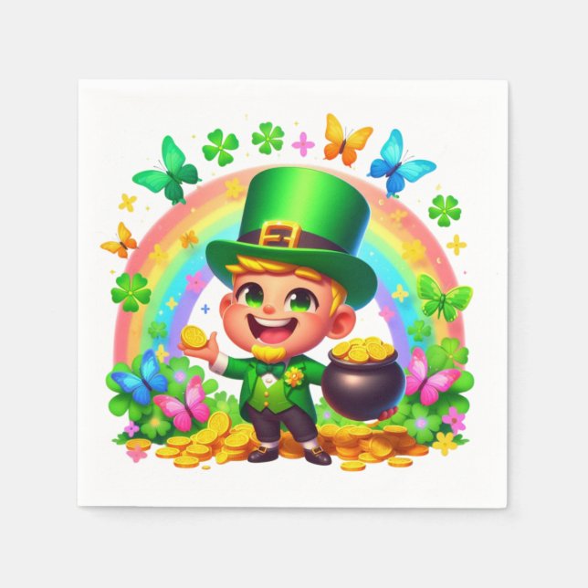 Cute Rainbow Leprechaun with Gold Napkins (Front)