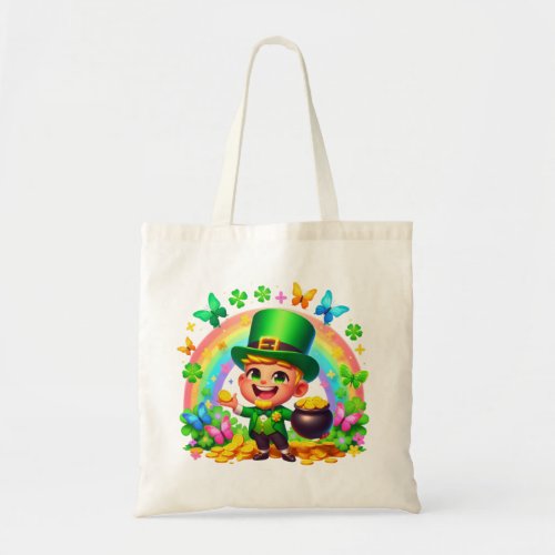 Cute Rainbow Leprechaun with Gold Tote Bag