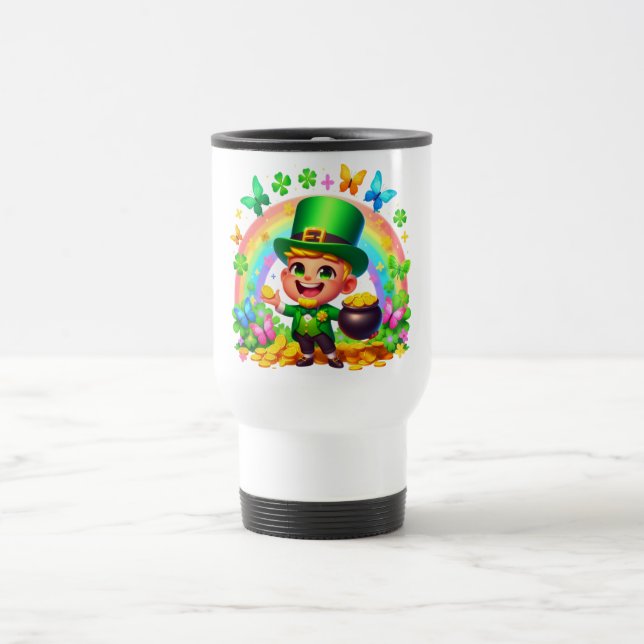 Cute Rainbow Leprechaun with Gold Travel Mug (Center)