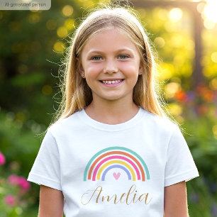 Cute Rainbow Love Heart Personalized Name Girl T-Shirt