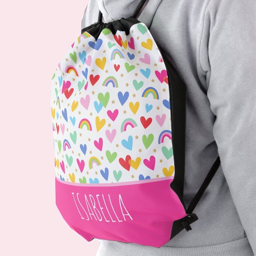 Cute Rainbow Love Hearts Stars Personalized Pink Drawstring Bag