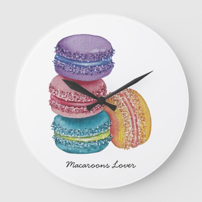 Cute Rainbow Macaroons In Watercolor Large Clock (Front)