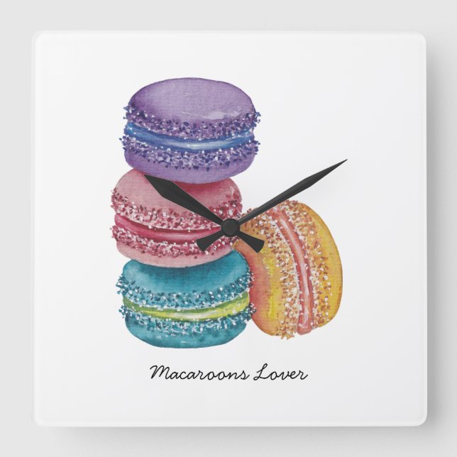 Cute Rainbow Macaroons In Watercolor Square Wall Clock (Front)