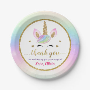 Cute Rainbow Magical Gold Unicorn Thank You Paper Plates