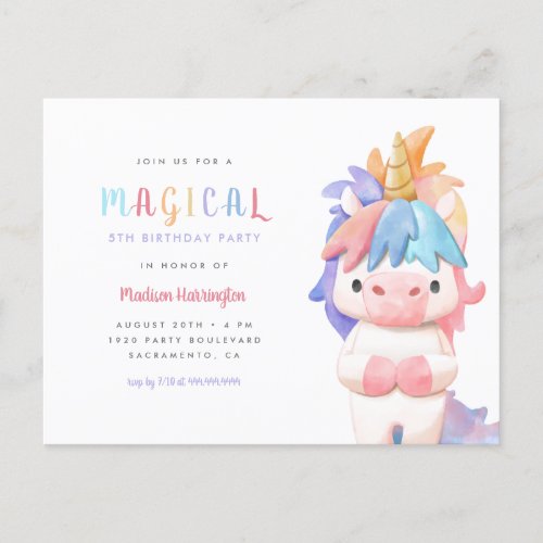 Cute Rainbow Magical Unicorn Kids Birthday Invitation Postcard