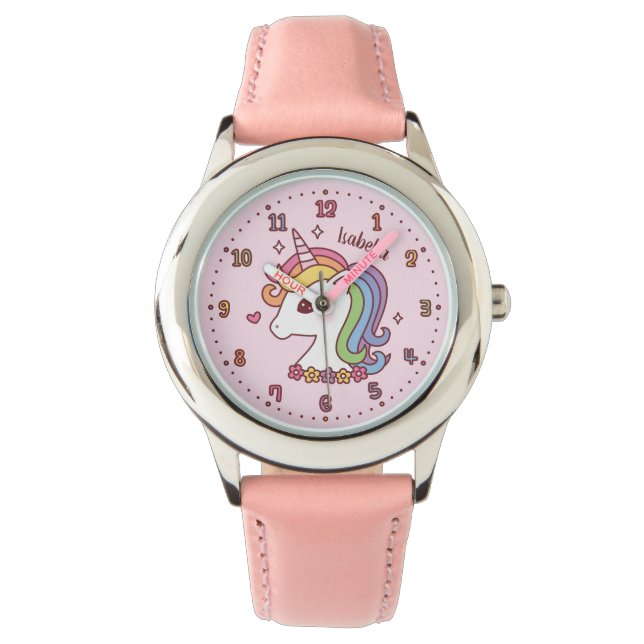 Cute Rainbow Mane Unicorn Girls Personalized Watch (Front)