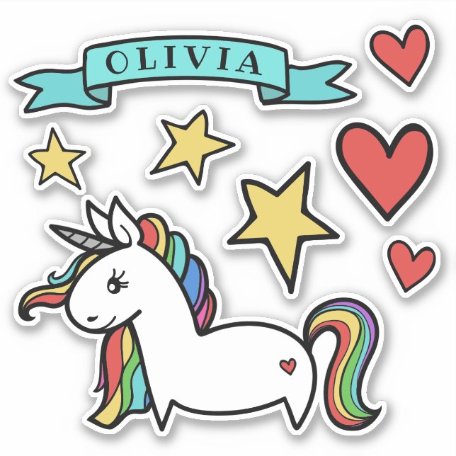 Cute Rainbow-Maned Unicorn Hearts & Stars Sticker (Front)
