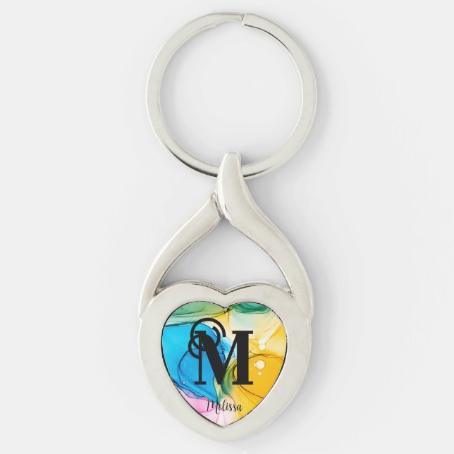 Cute Rainbow Marbled Monogram Keychain (Front)