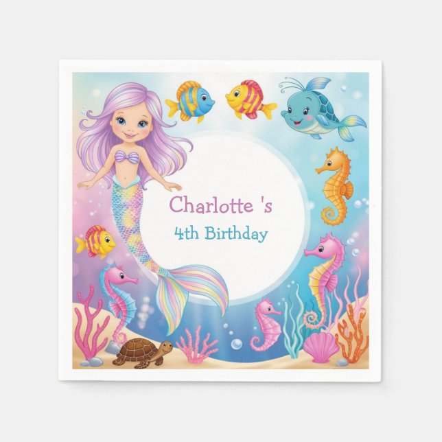 Cute Rainbow mermaid fish seahorse Birthday Napkins (Front)