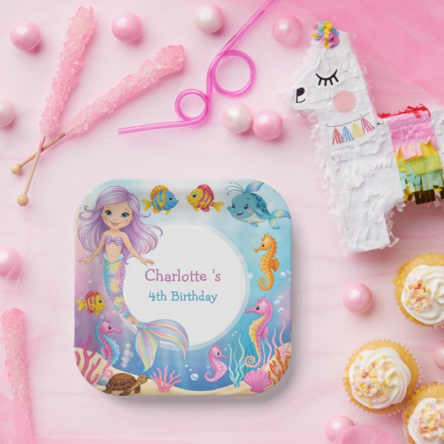 Cute Rainbow mermaid fish seahorse Birthday Paper Plates (Party)