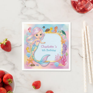 Cute Rainbow mermaid fish seahorse star Birthday Napkins
