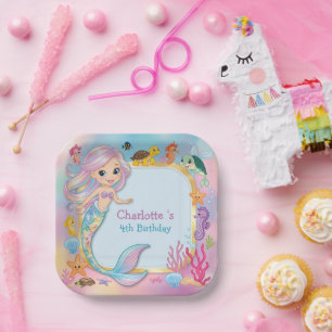 Cute Rainbow mermaid fish seahorse star Birthday Paper Plates