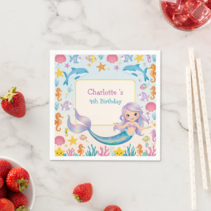 Cute Rainbow mermaid fish shark whale Birthday Napkins