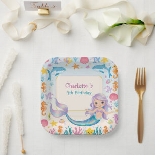 Cute Rainbow mermaid fish shark whale Birthday Paper Plates