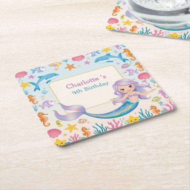 Cute Rainbow mermaid fish shark whale Birthday Square Paper Coaster (Angled)