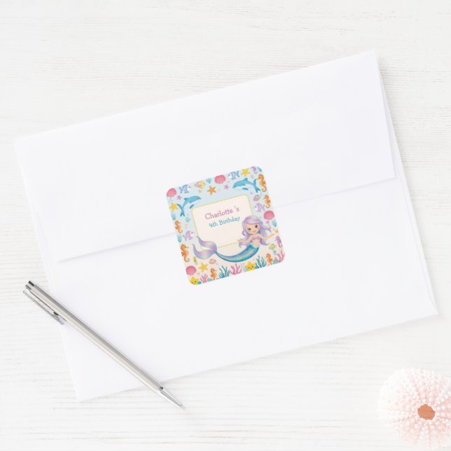 Cute Rainbow mermaid fish shark whale Birthday Square Sticker (Envelope)