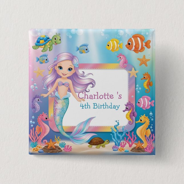 Cute Rainbow mermaid fish turtle star Birthday Button (Front)