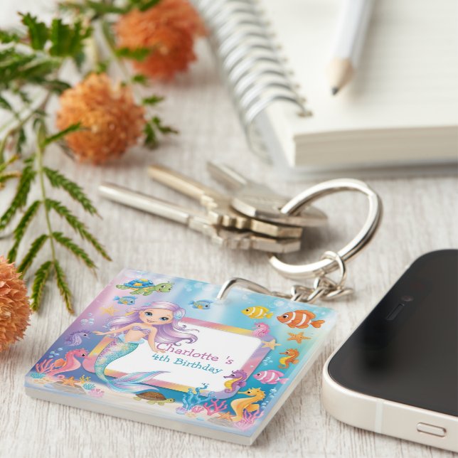 Cute Rainbow mermaid fish turtle star Birthday Keychain (Front Right)