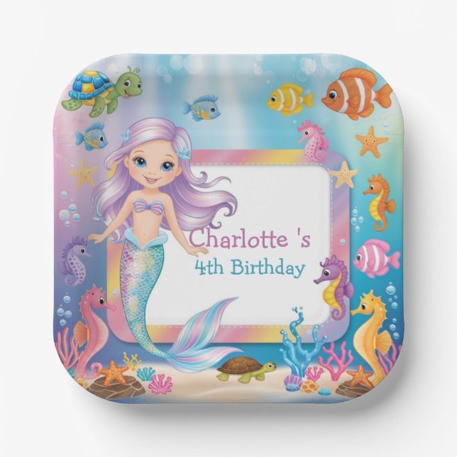 Cute Rainbow mermaid fish turtle star Birthday Paper Plates (Front)