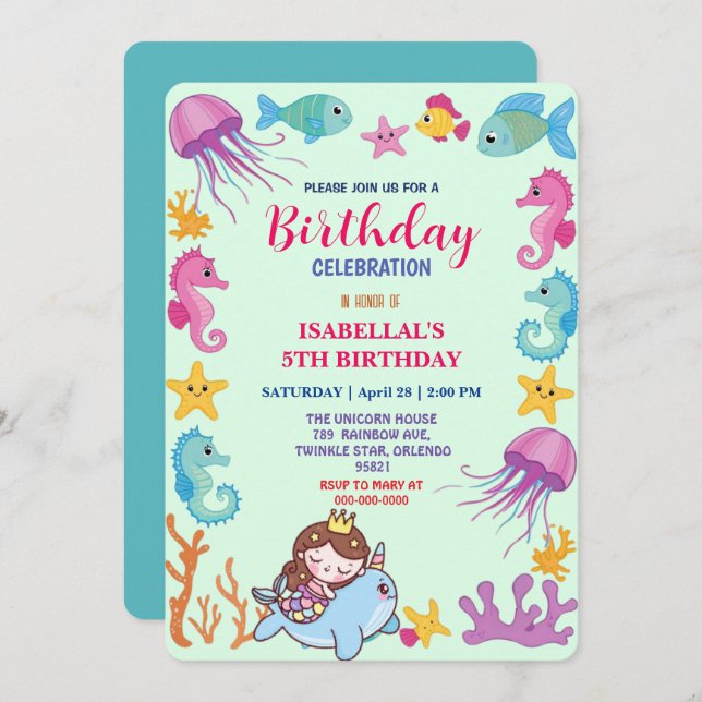 cute rainbow mermaid narwhal fish unicorn birthday save the date (Front/Back)
