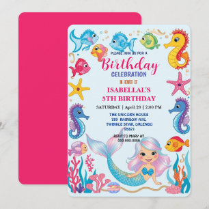 Cute rainbow mermaid seahorse star fish birthday save the date