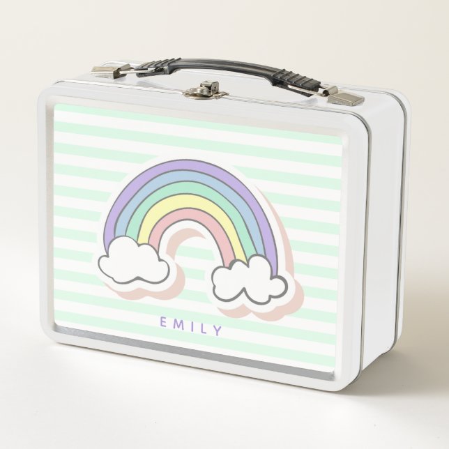 Cute Rainbow - Mint Green Striped Kids Metal Lunch Box (Front)