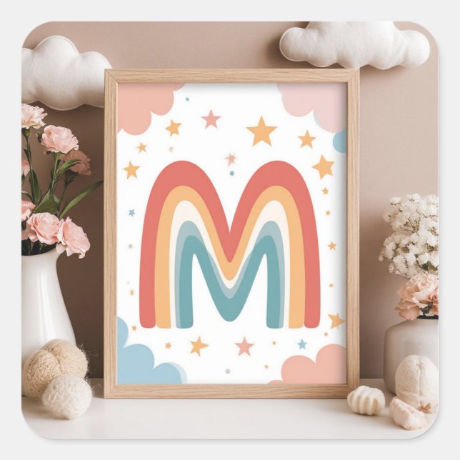 ☁️ Cute Rainbow Monogram M Initial Design ☁️ Square Sticker (Front)