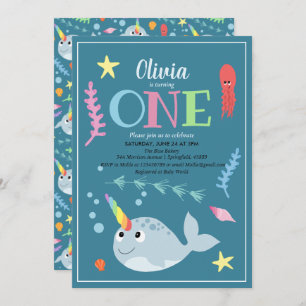 Cute Rainbow Narwhal Ocean and Name 1st Birthday Invitation