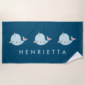 Cute Rainbow Narwhal Personalized Name Kids Beach Towel