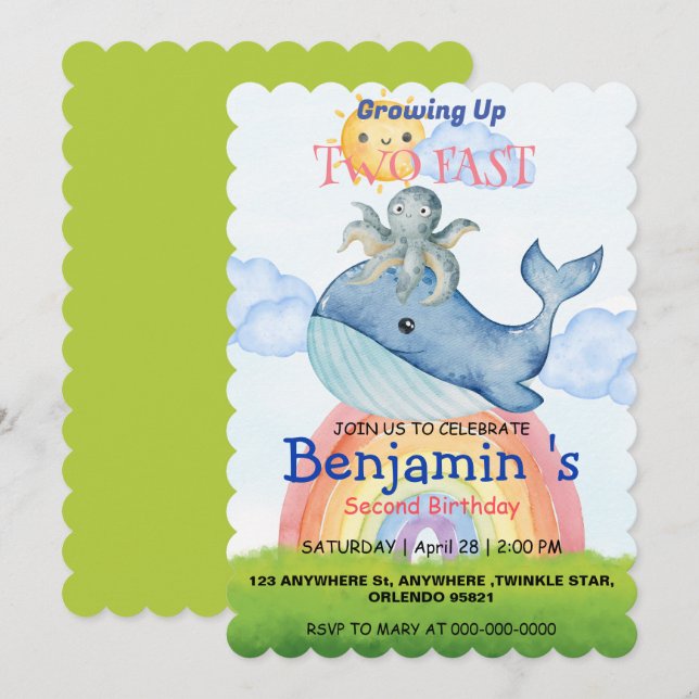 Cute rainbow octopus Whale 2nd Birthday party Save The Date (Front/Back)