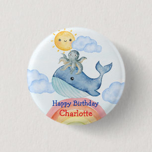 Cute rainbow octopus Whale fish Birthday party Button