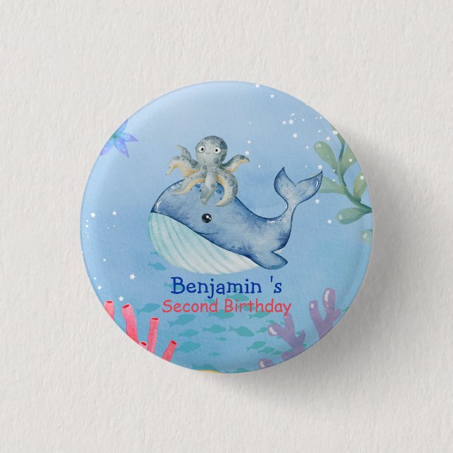 Cute rainbow octopus Whale fish Birthday party Button (Front)