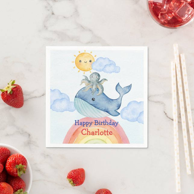 Cute rainbow octopus Whale fish Birthday party Napkins (Insitu)
