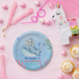 Cute rainbow octopus Whale fish Birthday party Paper Plates