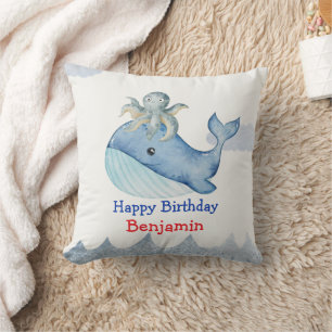 Cute rainbow octopus Whale fish Birthday party Throw Pillow