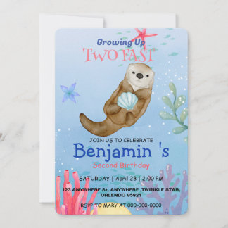 Cute rainbow Otter Scallops 2nd Birthday party Invitation