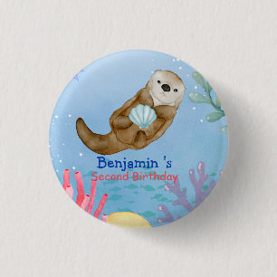 Cute rainbow Otter Scallops Birthday party Button