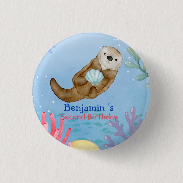 Cute rainbow Otter Scallops Birthday party Button (Front)