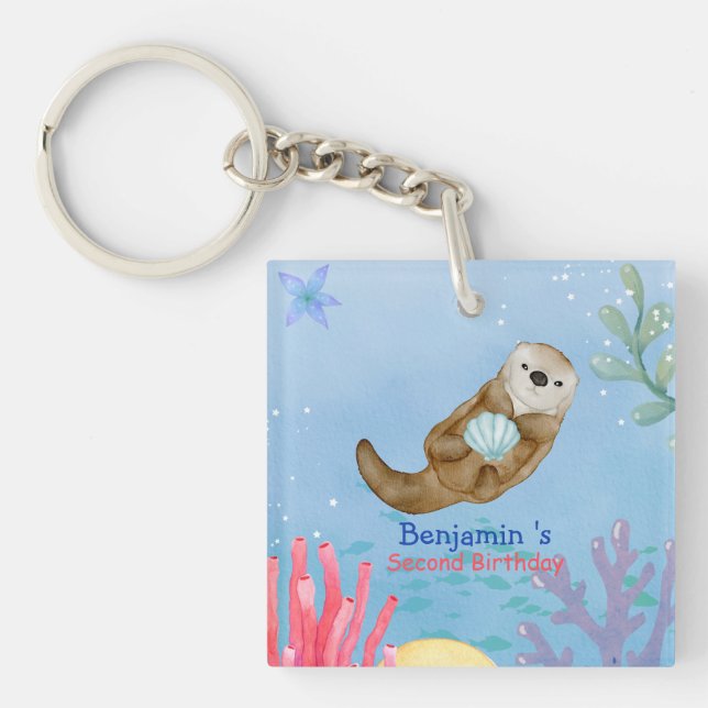Cute rainbow Otter Scallops Birthday party Keychain (Front)
