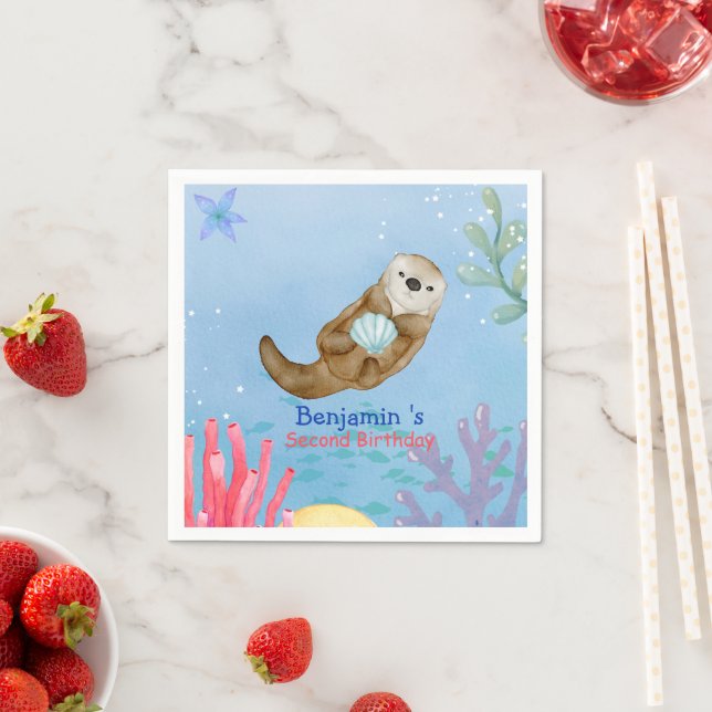Cute rainbow Otter Scallops Birthday party Napkins (Insitu)