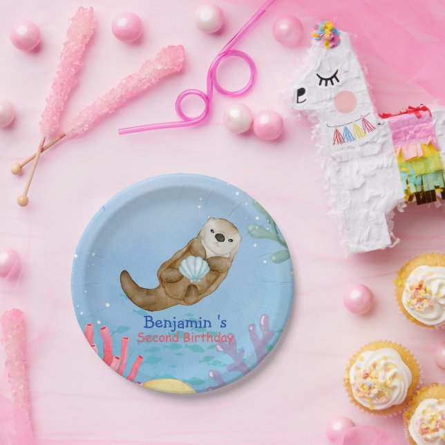 Cute rainbow Otter Scallops Birthday party Paper Plates (Party)