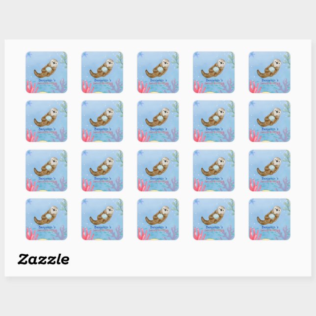 Cute rainbow Otter Scallops Birthday party Square Sticker (Sheet)