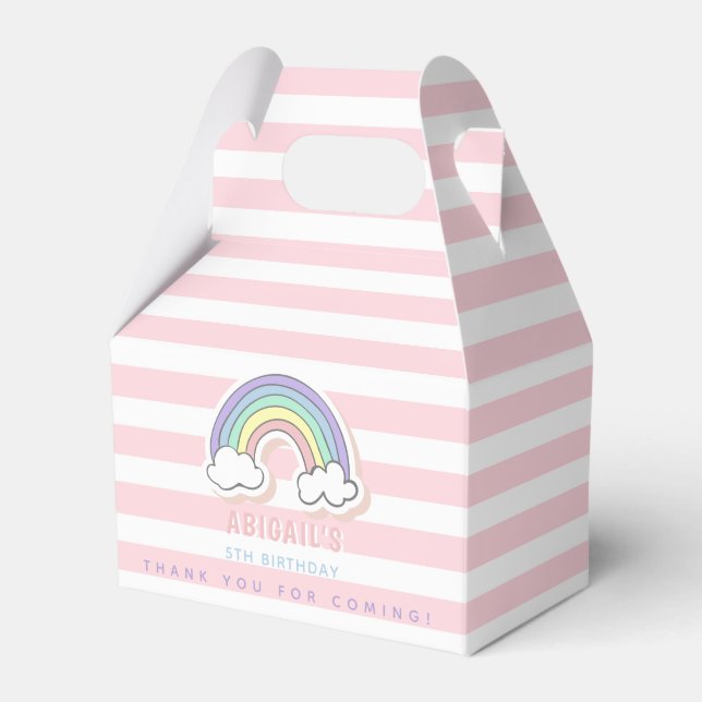 Cute Rainbow - Pastel Pink Striped Kids Birthday Favor Boxes (Front Side)