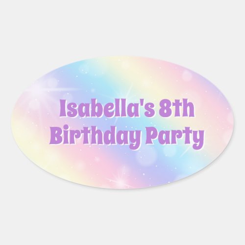 Cute Rainbow Pastel Sparkle Custom Birthday Party Oval Sticker